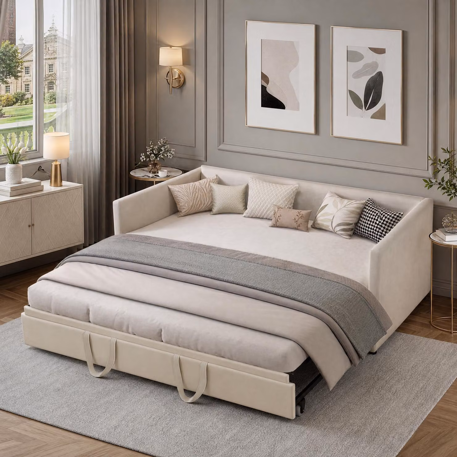 Divano letto INONEFT, 90/180 x 200 cm, struttura imbottita, adatto per adulti, divano letto, letto matrimoniale con rete a molle estraibile, rivestito in velluto, colore beige, senza materasso