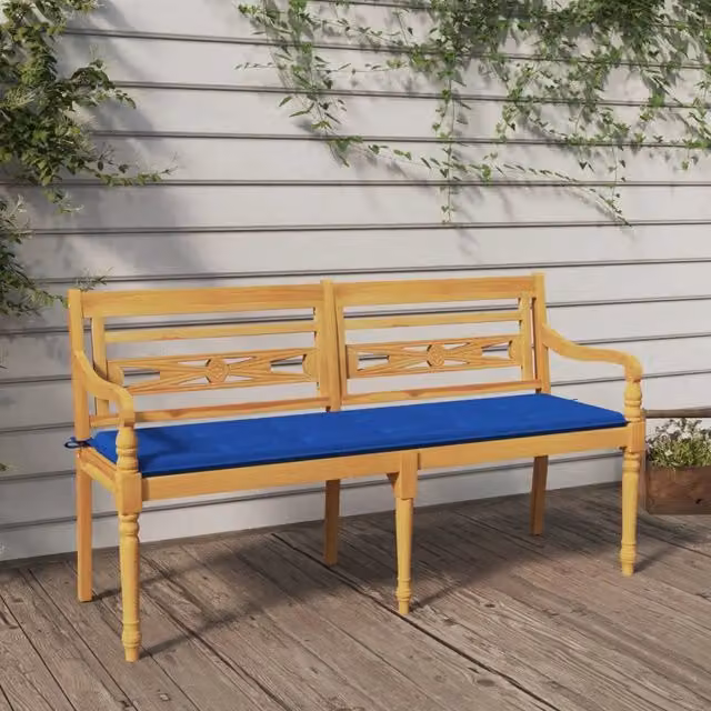 Panchina da giardino Batavia vidaXL in legno di teak con cuscini blu e marrone, L: 150 cm