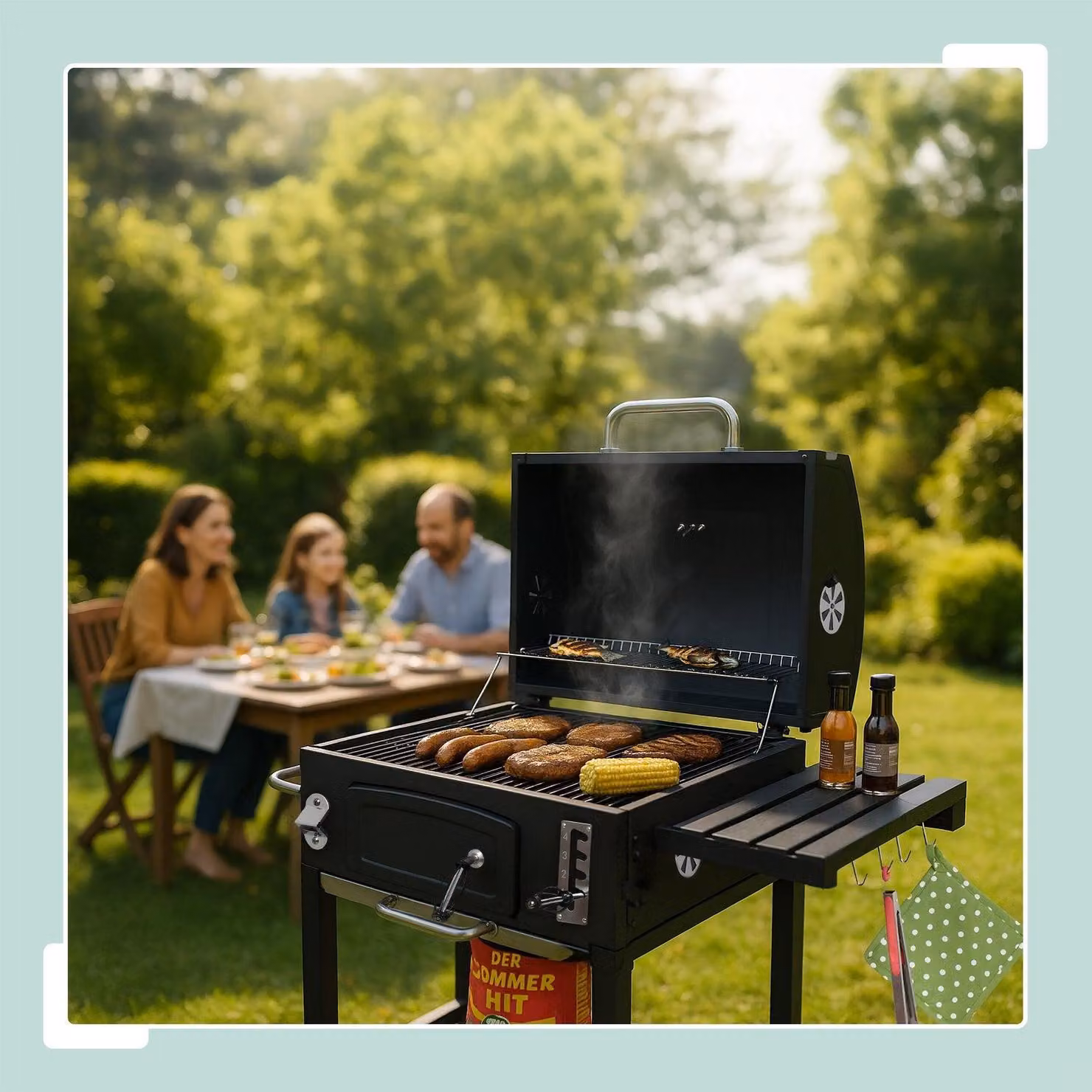Carrello per barbecue a carbone con coperchio, vassoio regolabile e termometro