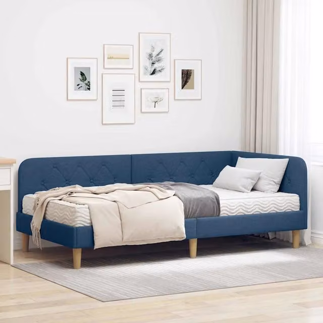 Letto ad angolo moderno vidaXL in tessuto blu con struttura in legno e schiuma L: 100 cm, P: 200 cm, H: 72 cm