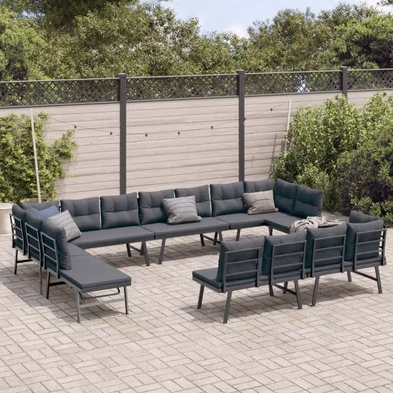 Set di Panche da Giardino e Terrazza vidaXL con 8 Cuscini in Tessuto, Acciaio Verniciato Antracite, Design Moderno, L/P/H: 173 x 118 x 76 cm