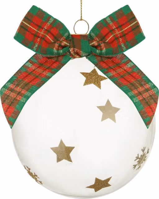 Pallina di Natale KASANOVA in vetro con fiocco tartan verde, oro e bianco, Diametro: 10 cm