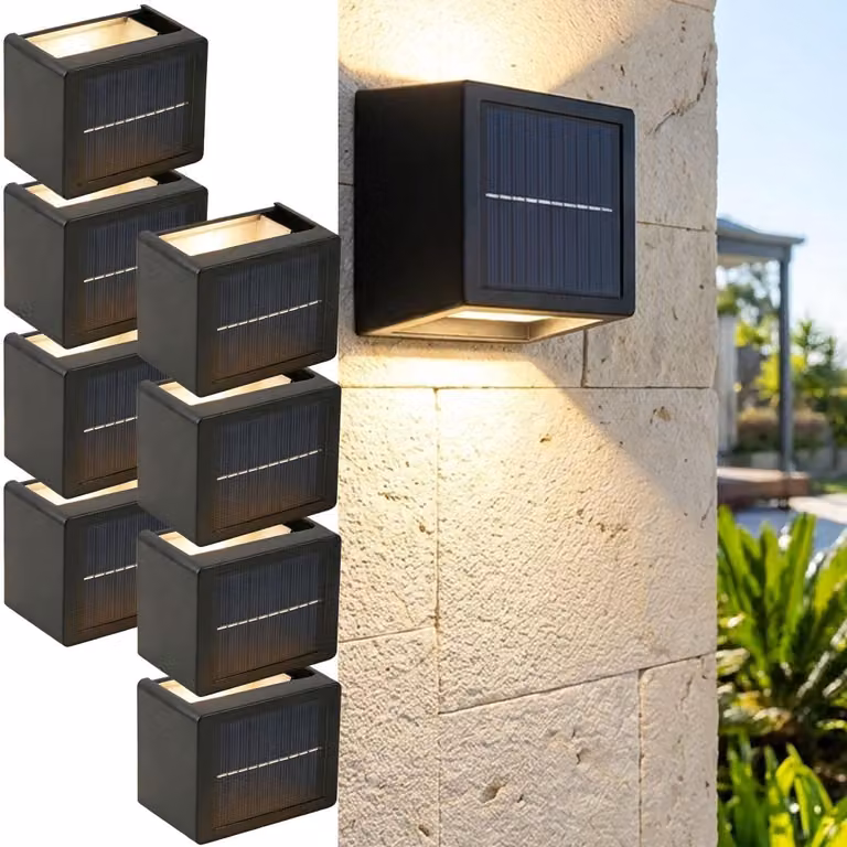 Set da 8 lampade da parete solari a LED per esterni: lampade da giardino a luce bianca calda/bianca fredda con batteria ricaricabile e sensore, impermeabili IP44, faretti decorativi per recinzioni e pareti