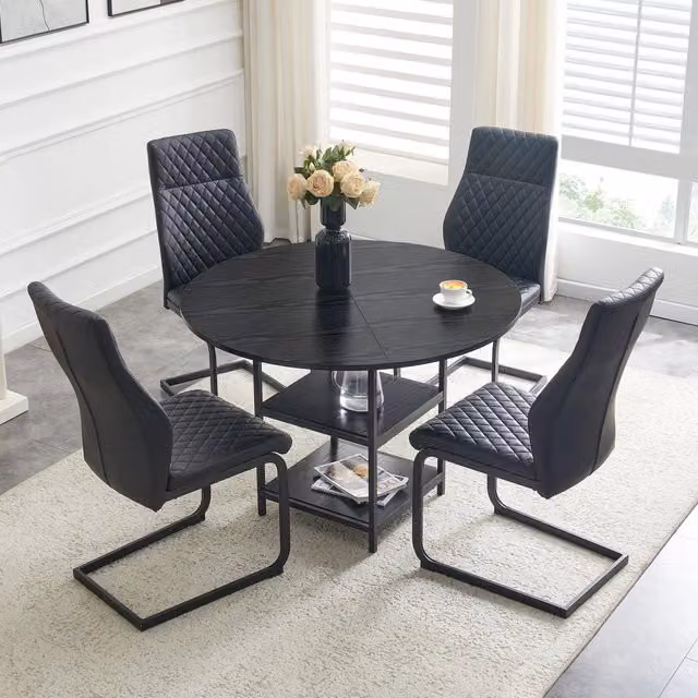 Tavolo da pranzo rotondo per 4 persone con 2 ripiani e 4 sedie in pu nero, stile moderno, 107 × 75 cm