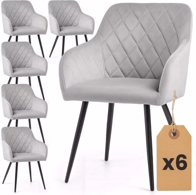 Set di 6 Sedie in velluto con cuciture a rombi VELTO Grigio gambe nere