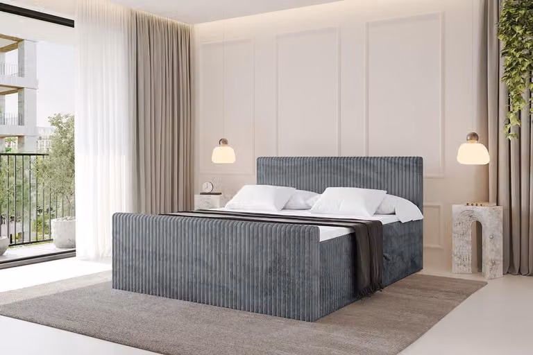 Letto boxspring ALTDECOR con pediera - TOLO-Z 160x200 Cord - Grigio scuro - Set completo con materasso a molle Bonell e topper, letto imbottito con materasso H3 e contenitori, rete a doghe, letto con contenitore, letto matrimoniale, letto box