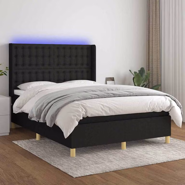 vidaXL Letto a Molle con Materasso e Illuminazione LED Nero in Tessuto L/P/H: 140 x 200 x 147 cm
