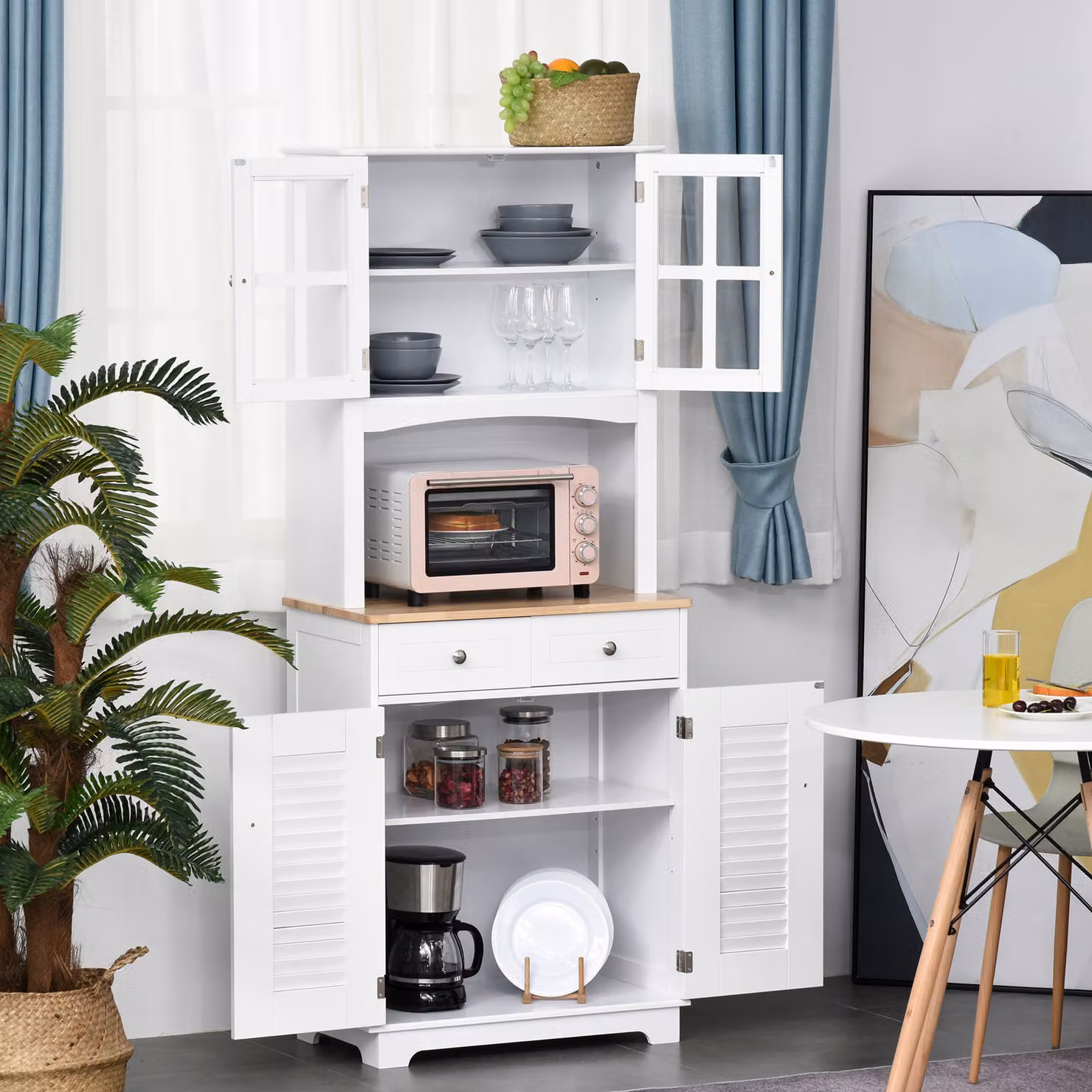 Credenza Alta per Cucina HOMCOM in Legno Bianco, Mobile Buffet e Armadio Dispensa in Stile Classico, L: 68 cm, P: 39.5 cm, H: 170 cm – 2