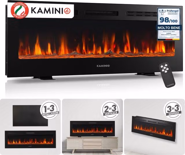 KAMINIO Camino elettrico MARLON - Camino elettrico 3 in 1 con riscaldatore, effetto fiamma 3D, 12 colori di fiamma, telecomando - 50 pollici