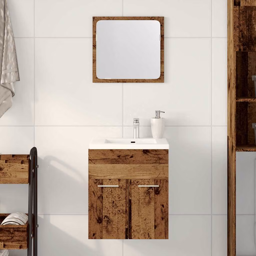Set di mobili da bagno vidaXL composto da mobile lavabo e armadietto con specchio in legno antico marrone, montaggio a parete