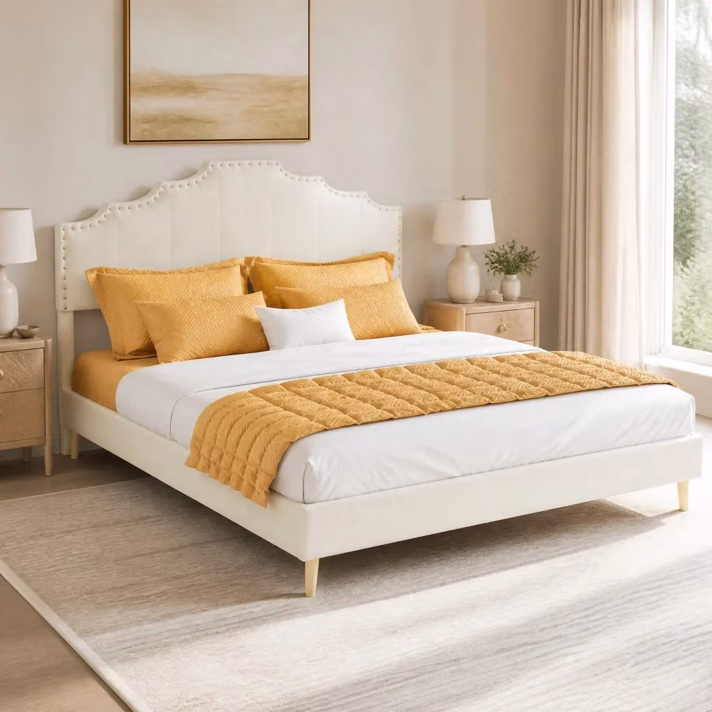 Letto imbottito Mivray con testiera geometrica e rete a doghe in metallo, colore beige, L/P/H: 140 x 200 cm – 2