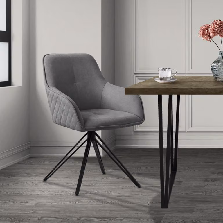 Sedia da pranzo girevole ML-Design, grigia, in tessuto intrecciato con gambe in metallo