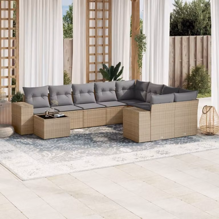 Set Divano da Giardino vidaXL 10 pz in Polyrattan Beige con Cuscini e Tavolino da Esterno