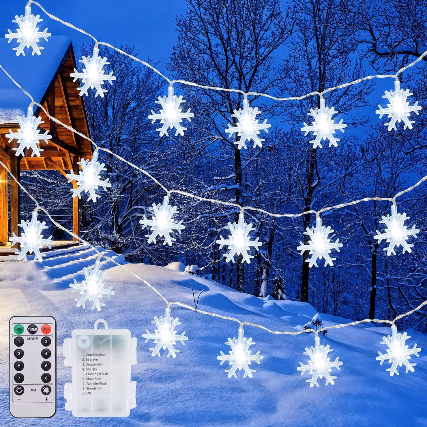 Catena luminosa a LED con 40 fiocchi di neve, lunghezza 6 metri, luce bianca fredda, alimentazione a batteria, grado di protezione IP44