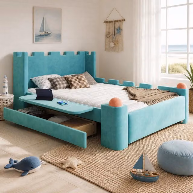 Letto a castello per bambini con struttura a casetta, contenitore con cassetti e rivestimento in velluto, Verde e Turchese, L/P/H: 200 x 90,5 x 172,5 cm