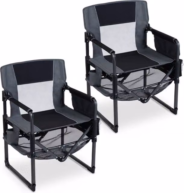 Set di 2 sedie da regista pieghevoli in metallo e tessuto textilene con portabicchiere, apribottiglie e rete portaoggetti, colore nero e grigio