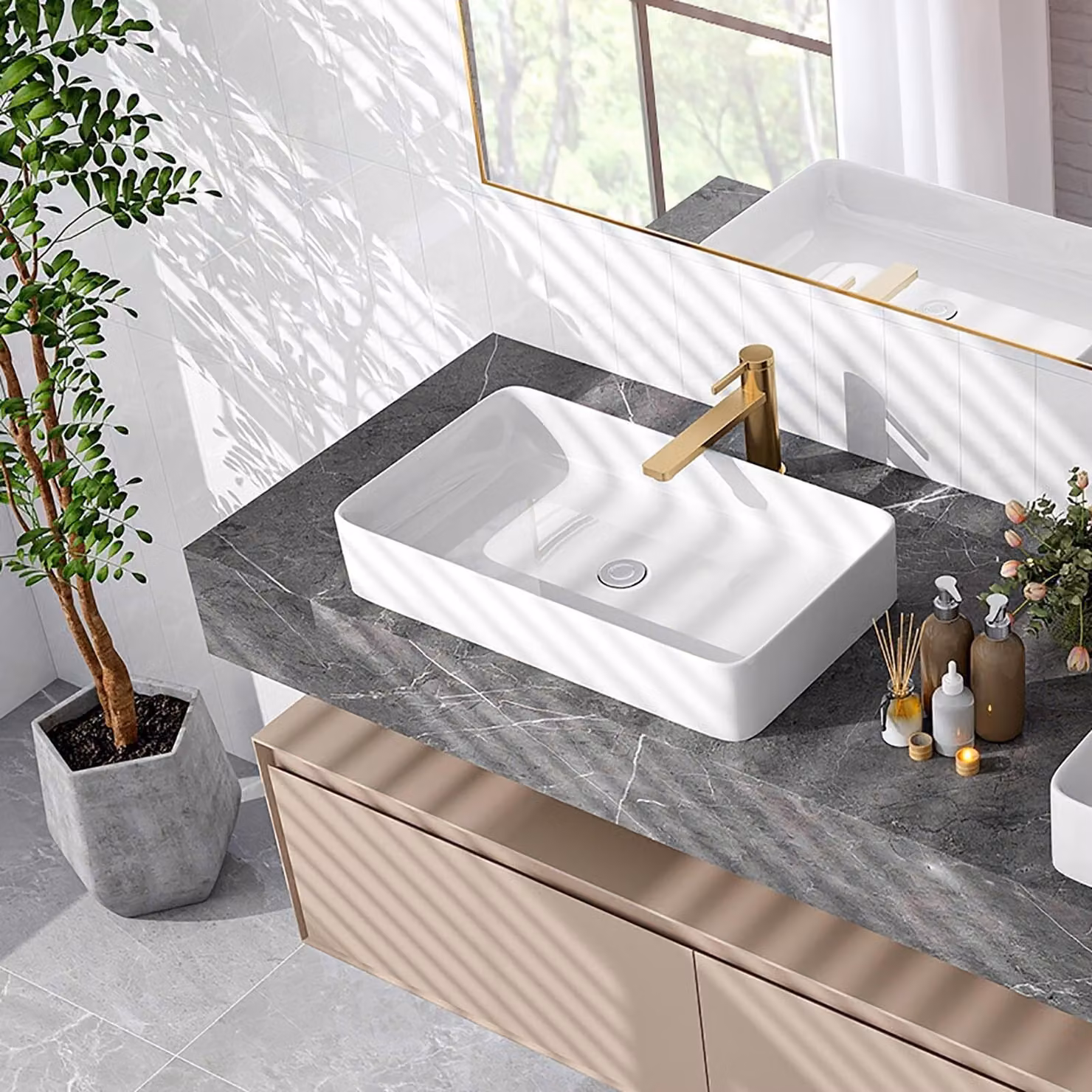 Lavabo da appoggio angolare, lavabo da bagno in Vetroceramica bianca, lavabo con scarico a gancio, lavabo largo 60 cm, lavabo da appoggio per bagno e bagno degli ospiti