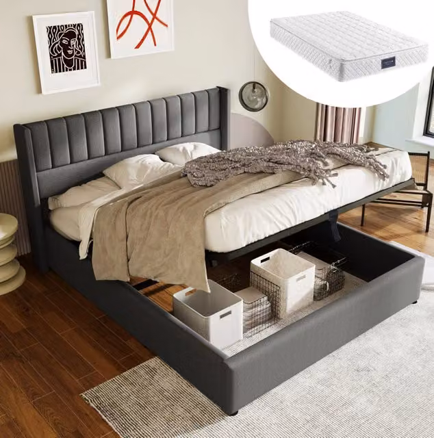 Letto contenitore 140x200 cm in lino grigio, sollevamento idraulico