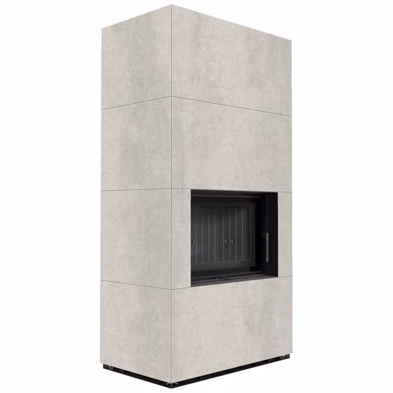 Kit camino KRATKI FLOKI BOX 8 kW Ø 160 Quarzo sinterizzato NATURALI PIETRA DI SAVOIA PERLA BOCCIARDATA rivestimento nero