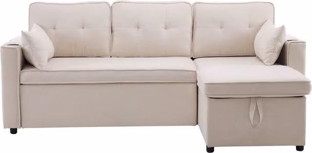 Divano letto angolare con contenitore, tessuto lino 100% poliestere, 211x130x86 cm, design moderno reversibile
