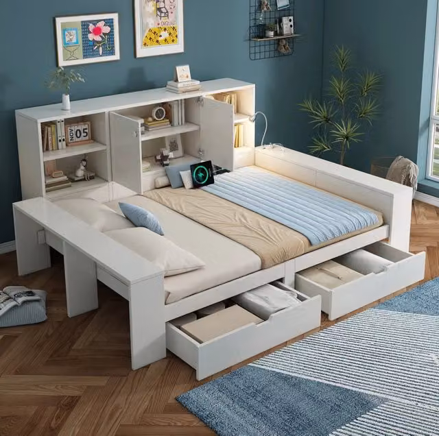 Letto ULEVR 140x200 cm bianco con 2 cassetti, vano con ante, USB/USB-C e luce da lettura