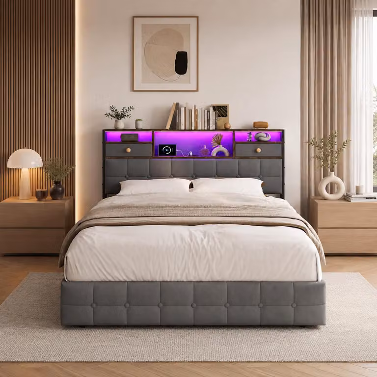 Letto imbottito INONEFT 160x200 con LED e USB, letto matrimoniale con testiera dotata di 2 cassetti e scaffali aperti, letto per ragazzi con contenitore a sollevamento idraulico, colore grigio