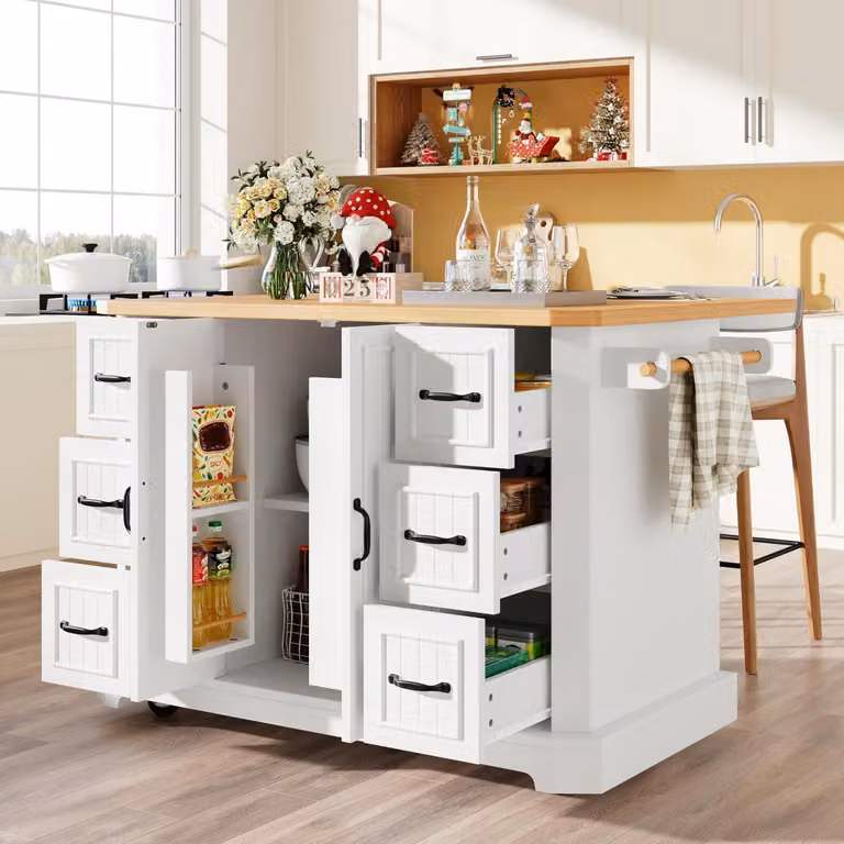 Isola da cucina mobile con 2 ante e 6 cassetti, estendibile, piano di lavoro effetto legno, bianca, dimensioni 142x75,5x91 cm