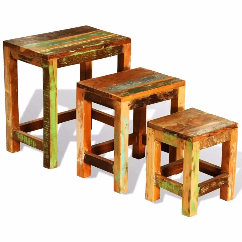 Set di 3 tavolini impilabili vidaXL in legno di mango, teak e acacia multicolore con finitura cerata stile vintage per il tuo soggiorno – 2
