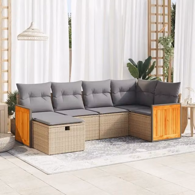 Set Divano da Giardino a L vidaXL da 6 posti con Cuscini Beige e Struttura in Metallo e Legno di Acacia