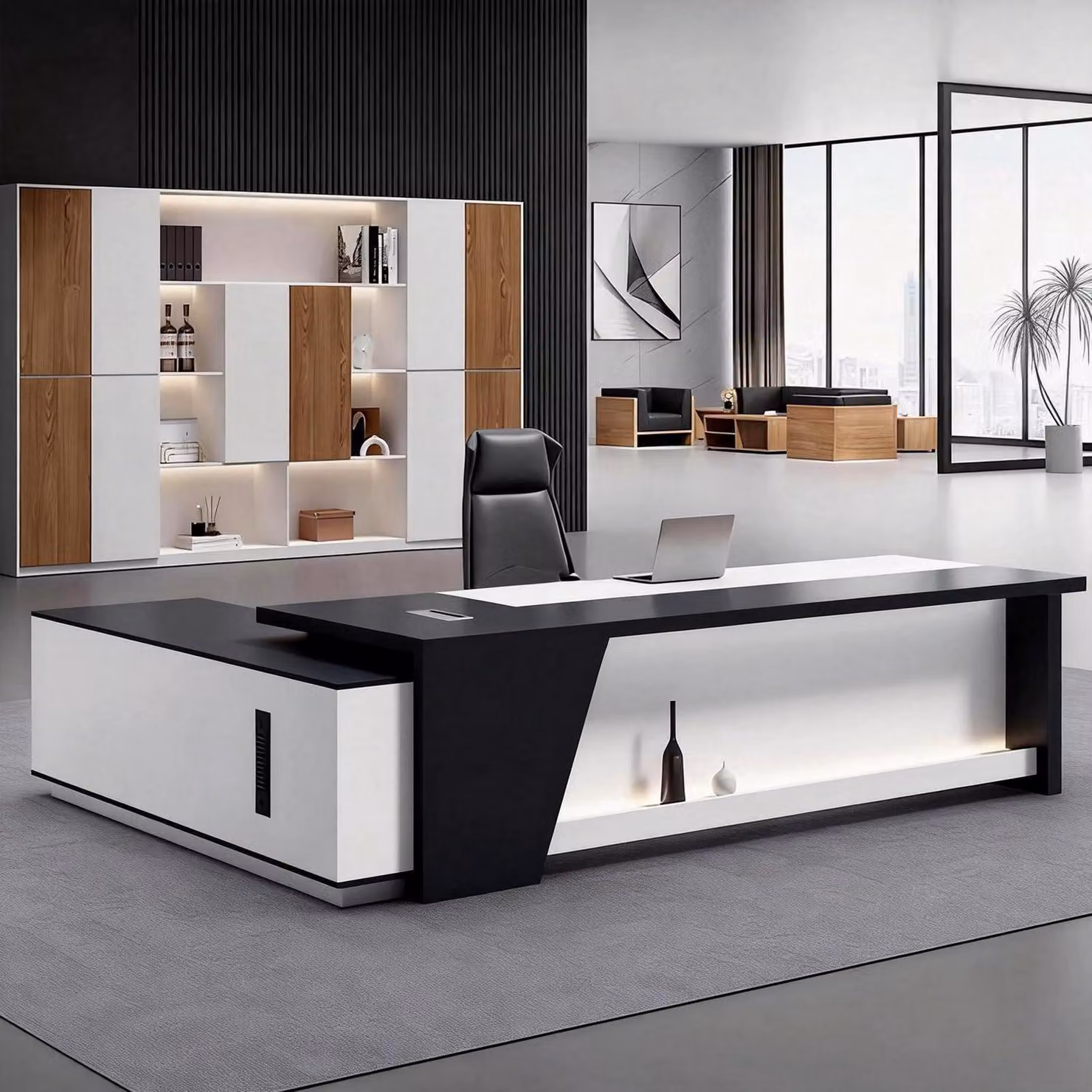 Scrivania a forma di L con spazio contenitivo, colore nero e bianco, dimensioni 190x80x75 cm