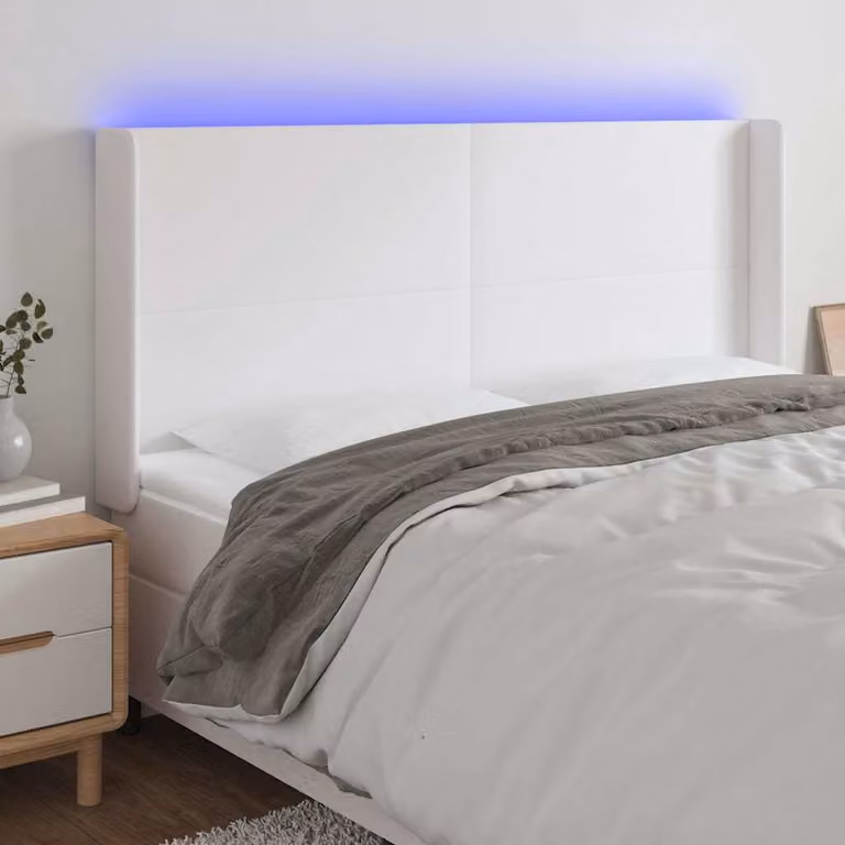 Testiera per letto vidaXL in similpelle bianca con illuminazione LED e porta di ricarica USB, L: 163 cm, P: 16 cm, H: 118/128 cm