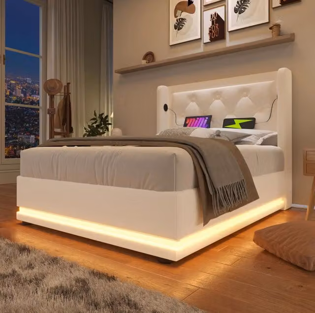 Letto singolo imbottito 90x200 cm in PU bianco con contenitore; USB; Type-C e LED