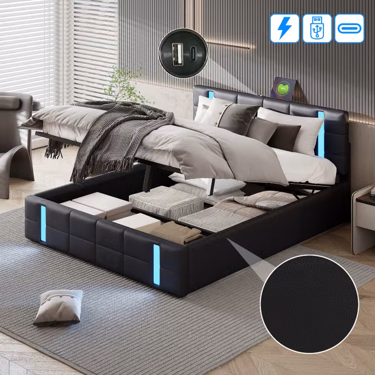 Letto imbottito CDGlobal 160x200cm, letto matrimoniale idraulico con testata a LED e funzione di ricarica USB, letti contenitore struttura letto con rete a doghe, superficie in PU, letto per ragazzi, nero