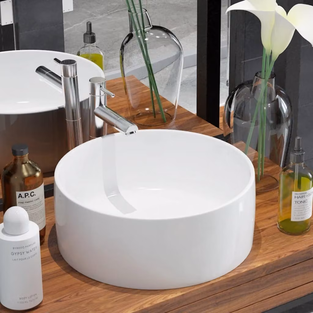 The Living Store Lavabo rotondo in Vetroceramica bianca 40 x 15 cm