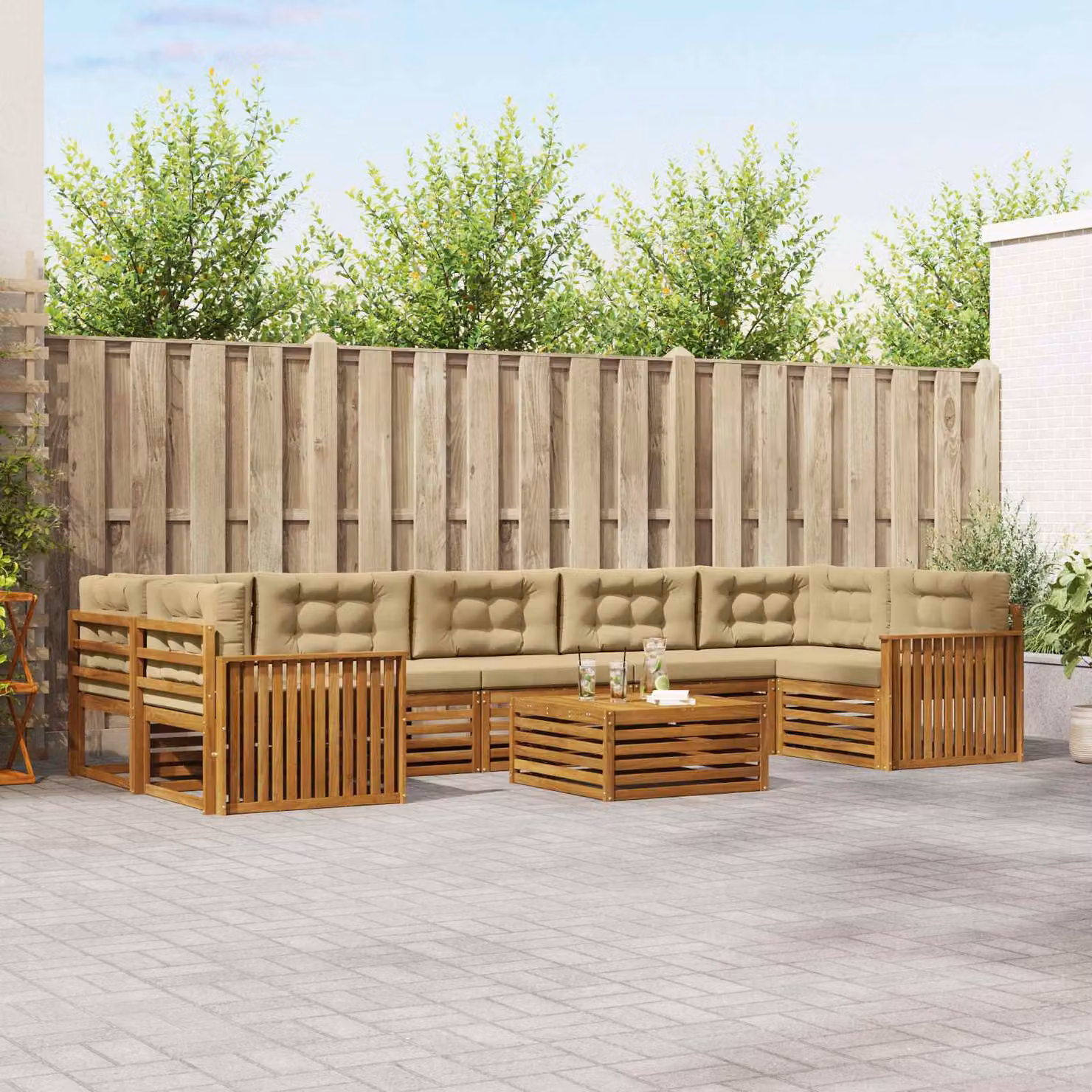 Set di divani da esterno a forma di U vidaXL in legno di acacia con cuscini, colore beige e marrone