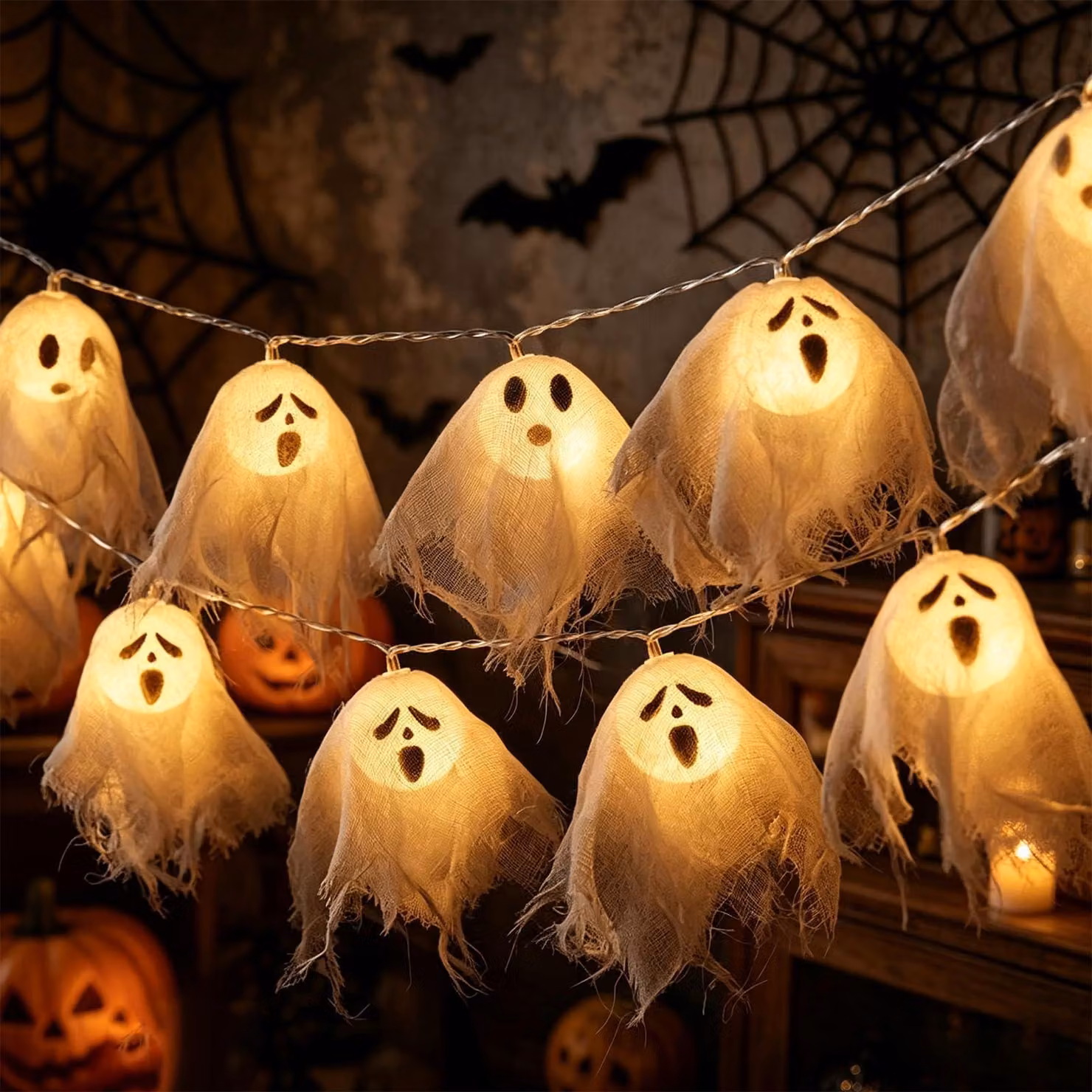 Catena luminosa a tema Halloween, 300 cm, 20 LED, con decorazioni di fantasmi, con modalità di illuminazione fissa o lampeggiante