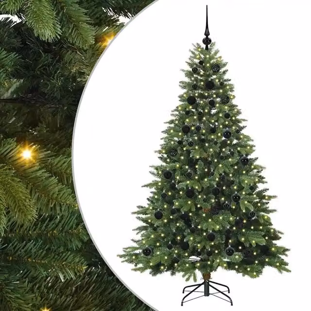 Albero di Natale artificiale moderno verde in PE e PVC con 300 LED luce bianca calda, Altezza: 180 cm