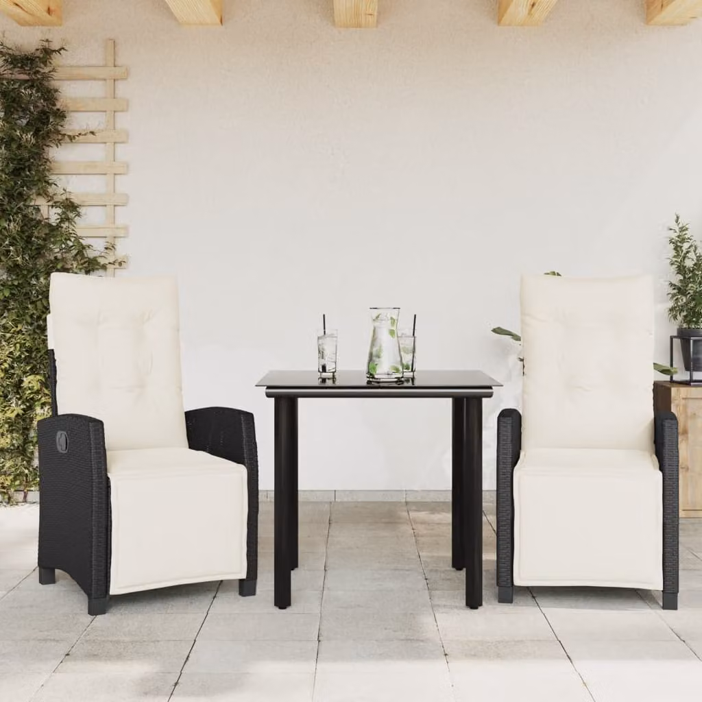 Set da pranzo da giardino vidaXL in polyrattan nero con cuscini e tavolo in vetro per 3 persone