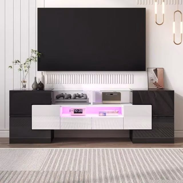 Mobile TV Lowboard Bianco Lucido con LED ¨C MINIMAL ¨C 145 cm, Vetro, Soggiorno