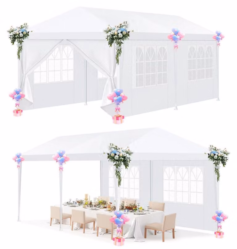 Gazebo da festa, dimensioni 3x6 metri, con 6 pareti removibili, colore bianco, impermeabile e con protezione UV