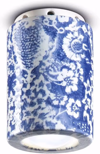 Plafoniera Vintage Art Déco Ferroluce in Ceramica Ming Blu e Bianca con 1 Luce E14