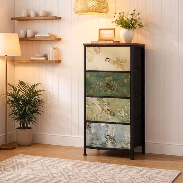Cassettiera Mivray con 4 cassetti in tessuto con motivo floreale multicolore, struttura in metallo e legno, L: 45 cm, P: 30 cm, H: 94.5 cm – 1