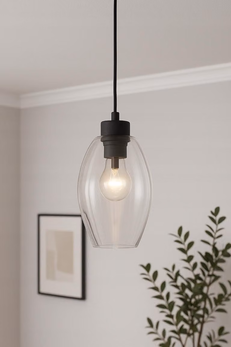 Lampada da soffitto 1xE27 170cm nera con paralume in vetro ambrato