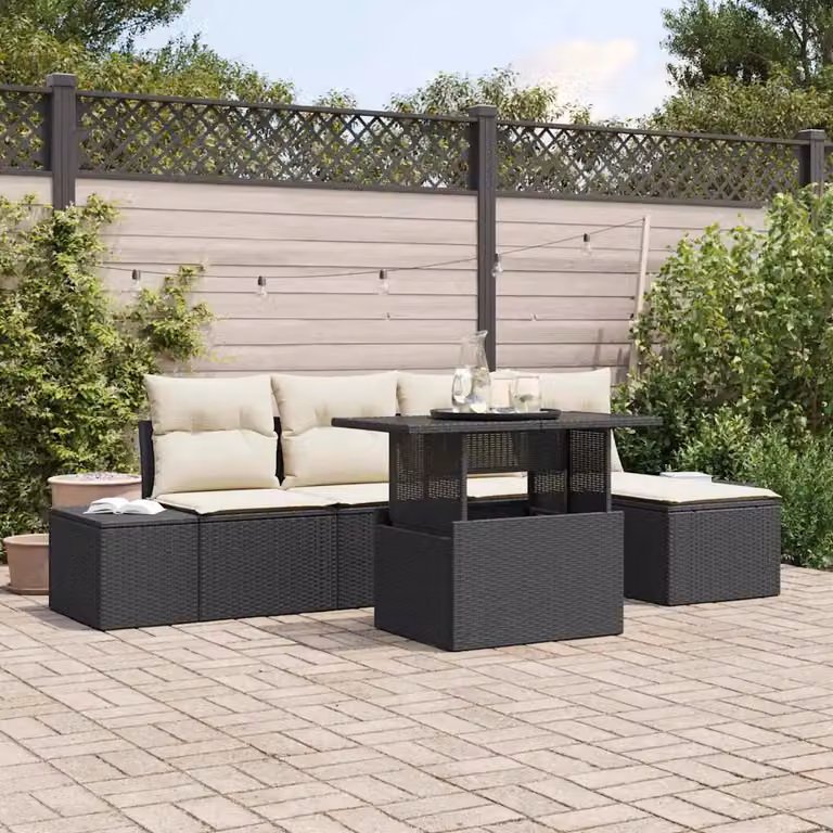 Set Divano da Giardino vidaXL 6 Pezzi Nero con Cuscini e Contenitore per Archiviazione in Polyrattan e Acciaio