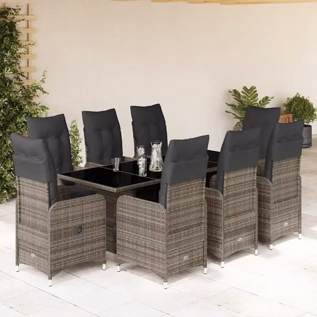 Set Bistrò da Giardino vidaXL in Polyrattan Grigio con Tavolo in Vetro e 9 Sedute – 1