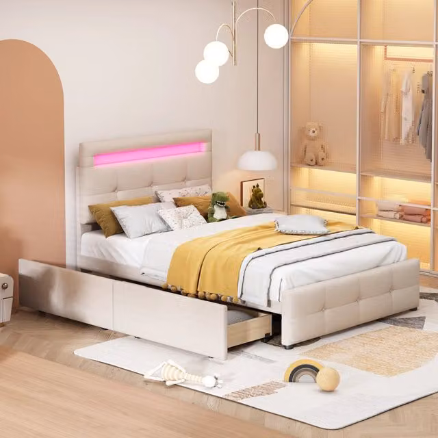Letto Classico REDOM in tessuto beige con illuminazione LED e 2 cassetti L/P: 90 x 200 cm