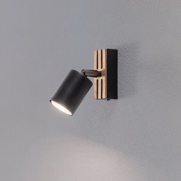 Faretto da parete Tino, nero/legno, altezza 14 cm, a 1 braccio Tino Luminex, dimmerabile, Nero, Soggiorno / Sala da pranzo, Metallo, Faretto alogeno
