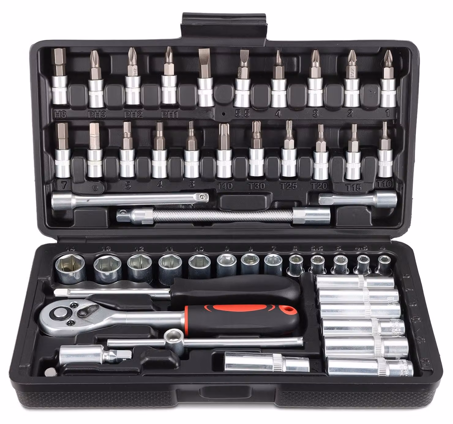 Set di chiavi a bussola da 53 pezzi, set di inserti e chiave a cricchetto, 1/4 di pollice, 72 denti