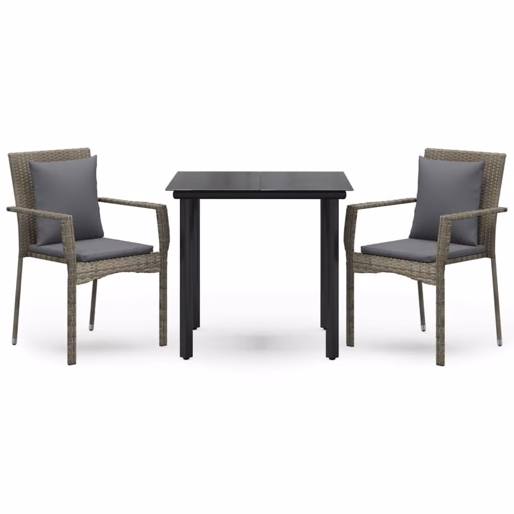 set da pranzo da giardino 3 pezzi con cuscini in poly rattan nero e grigio
