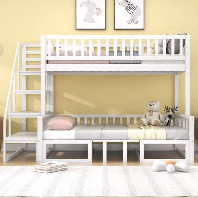 Letto a castello con scala 90×200 e 120×200 cm bianco in pino con tavolo regolabile e divano in legno, senza materasso